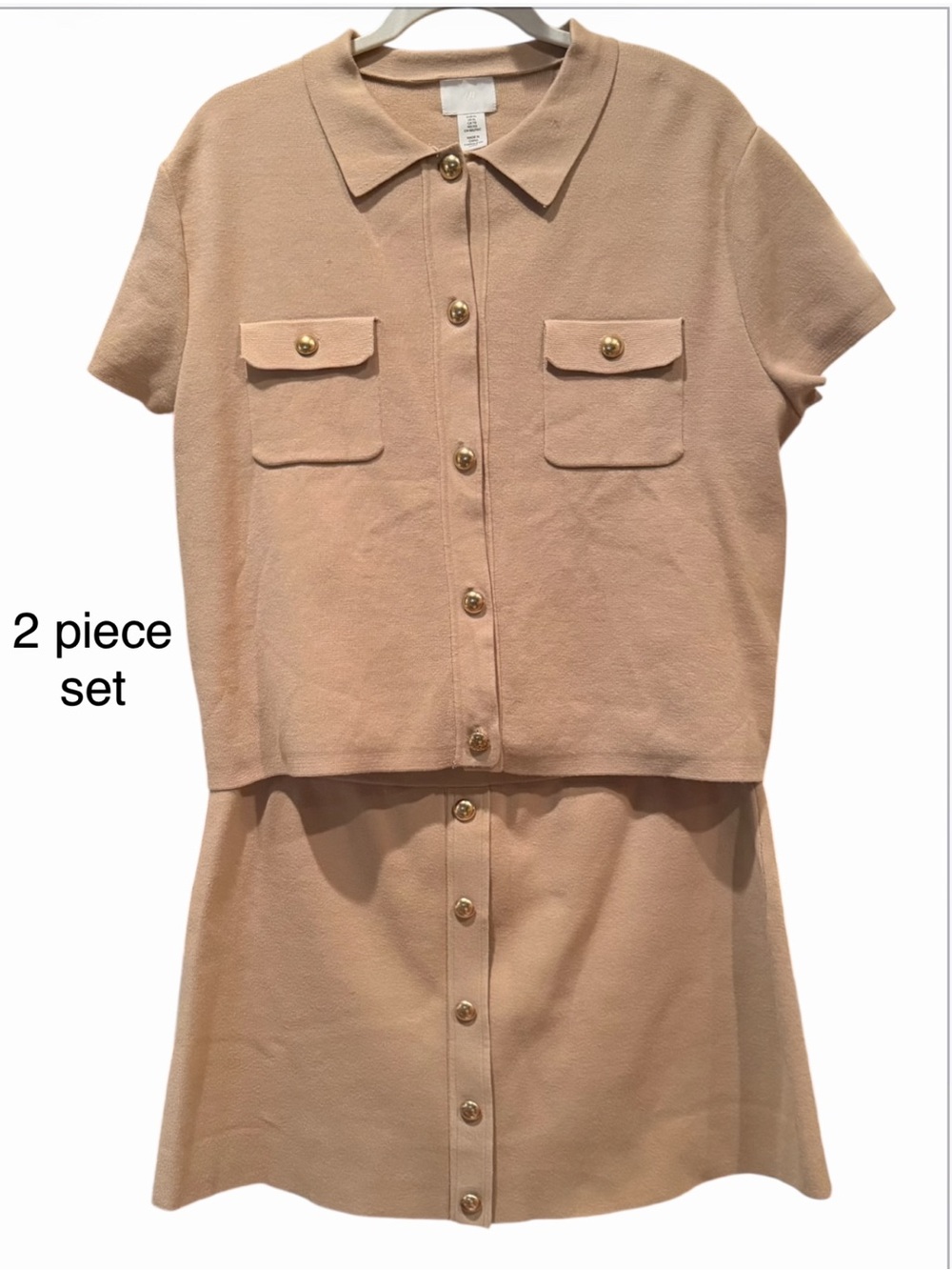 H&M 2 Piece Beige Set With Short Sleeve Collared Cardigan (XL) and Skirt (Lg)